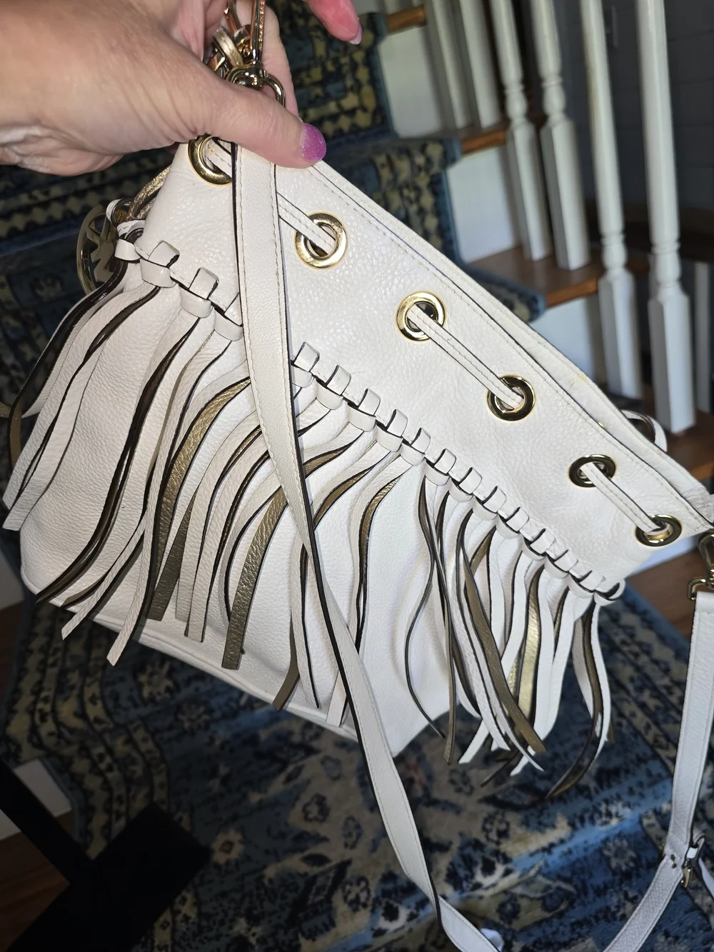Michael Kors White Leather Fringe Shoulder Bag with Gold Hardware